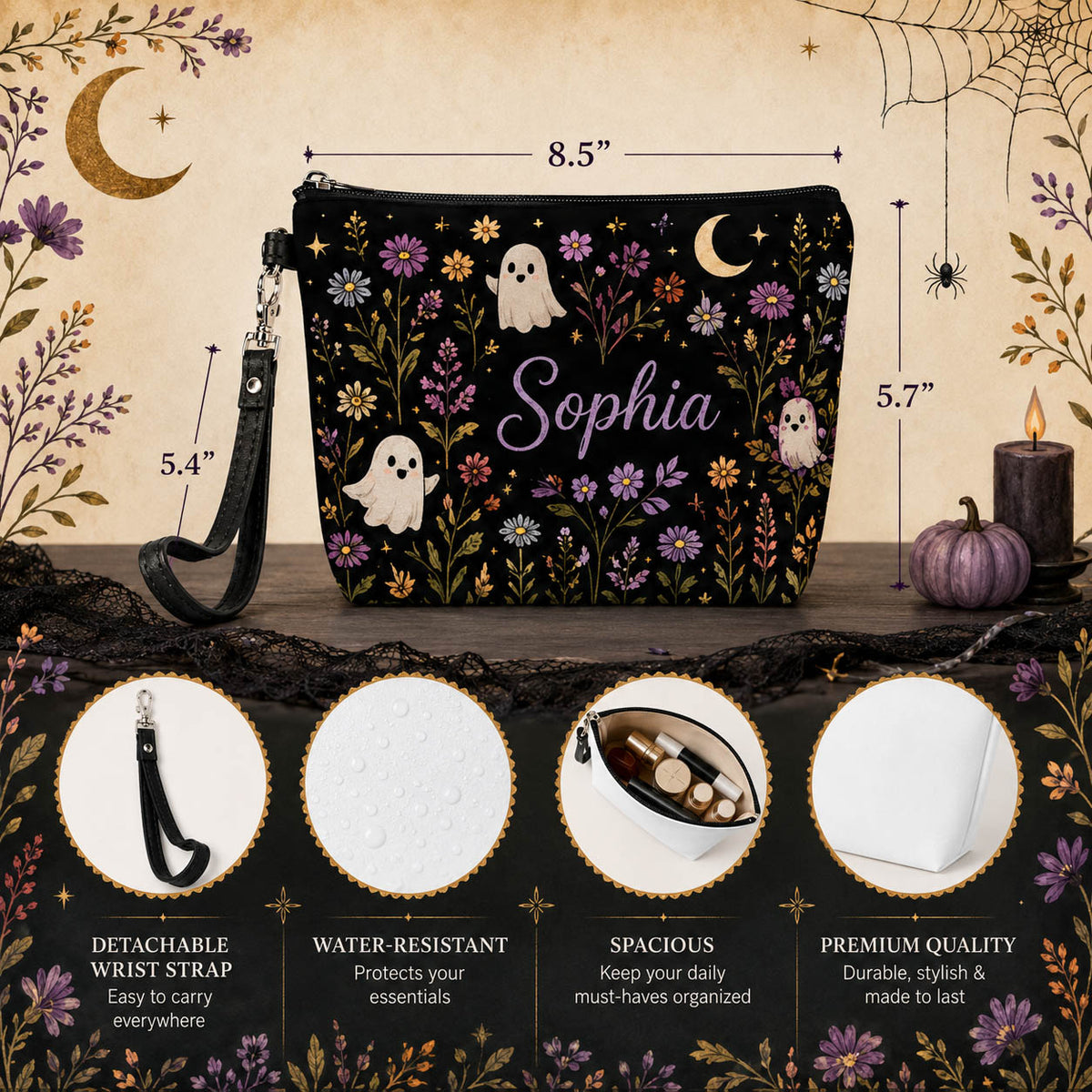 Cute Ghost Floral - Personalized Cosmetic Bag - Gift for Halloween Lover