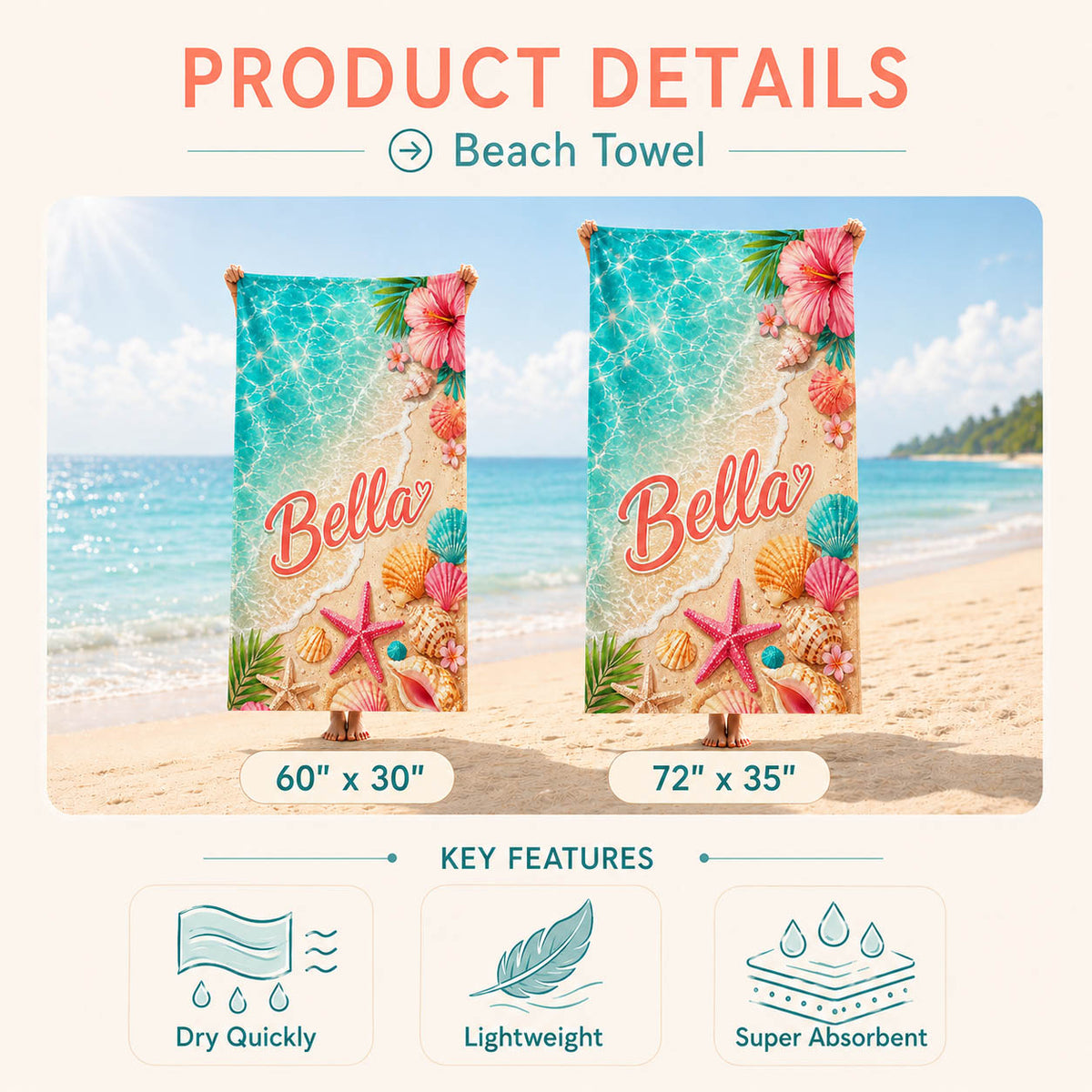 Tropical Seashell Hibiscus Beach Day Gift for Girls - Personalized Beach Towel & Beach Bag Set
