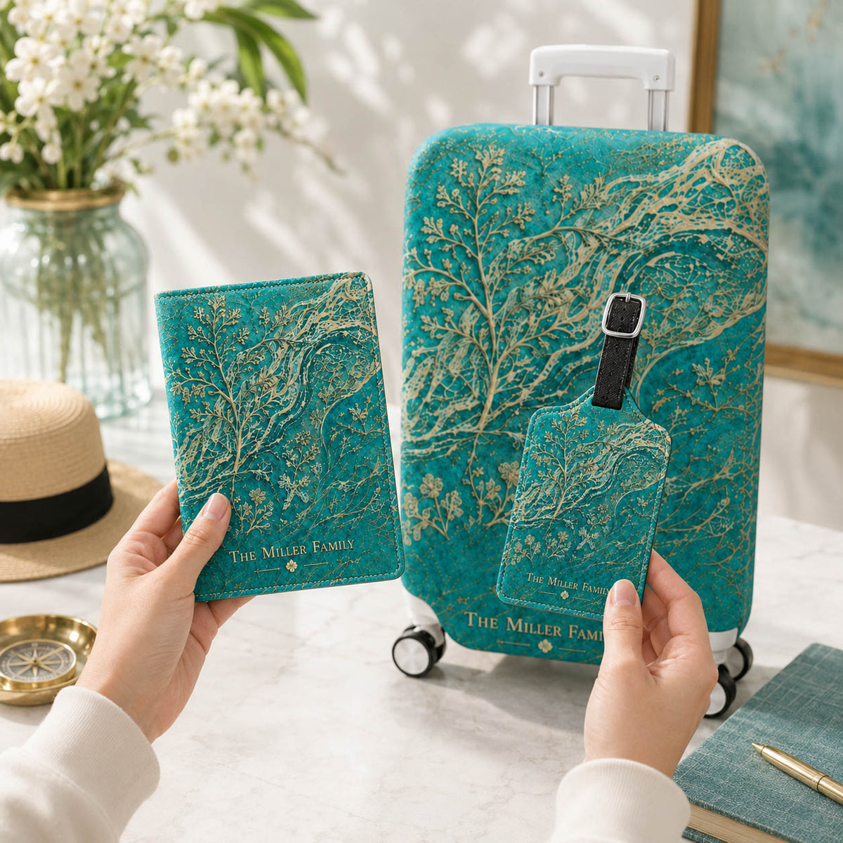 Teal Botanical Family Name Travel Gift - Personalized Luggage Tag