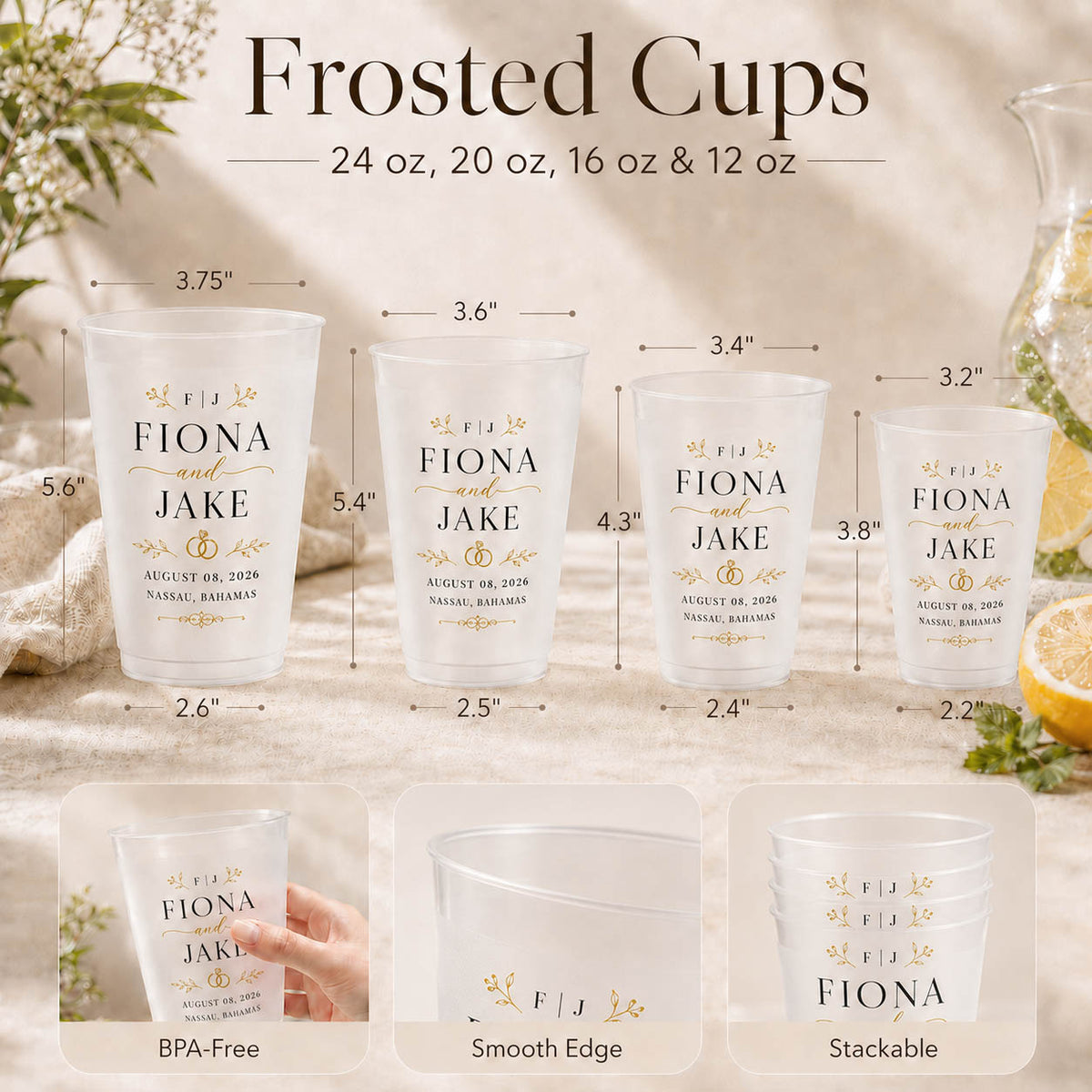 Elegant Wedding Names and Date Party Favor - Personalized Cups