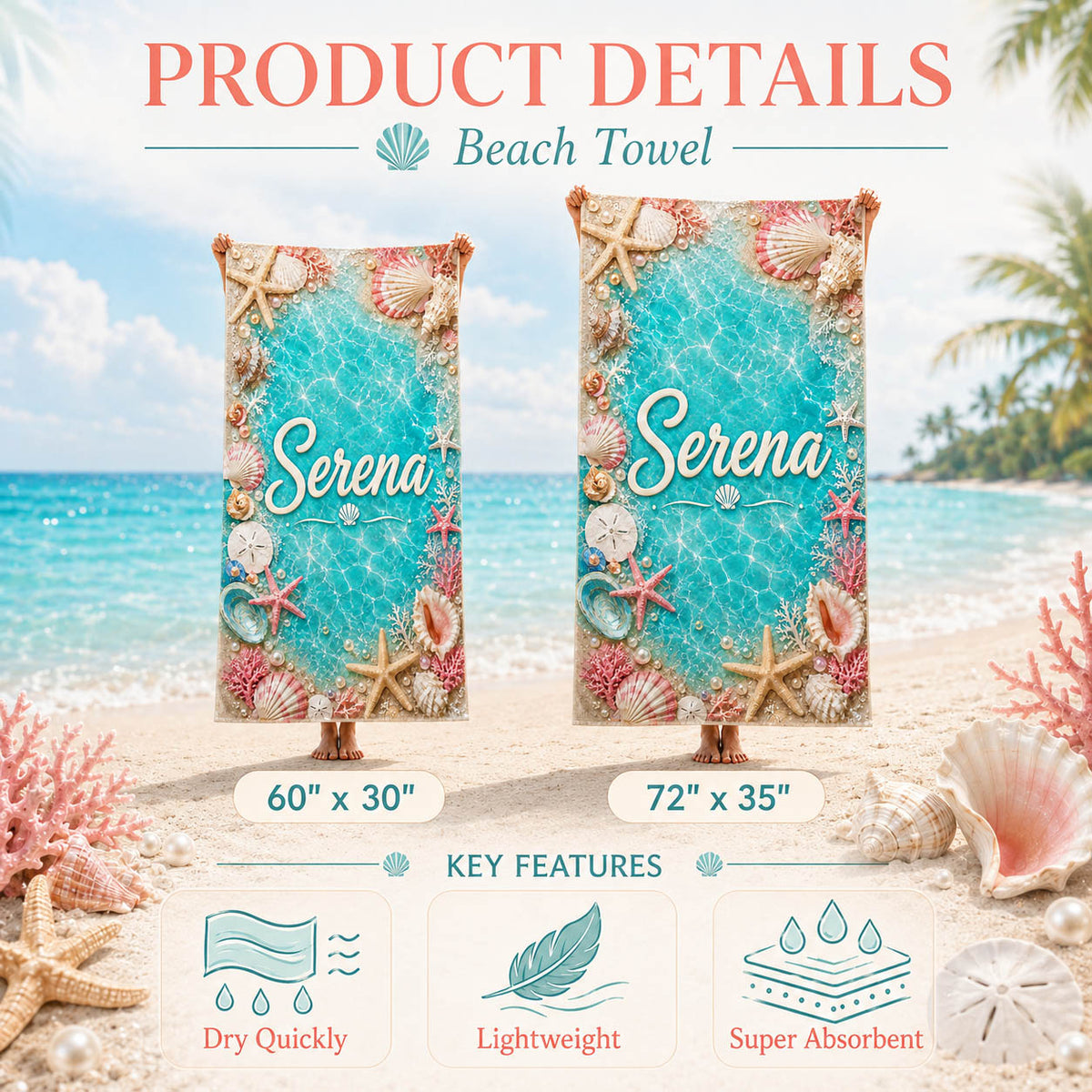 Turquoise Seashell Coral Beach Vacation Gift - Personalized Beach Towel & Beach Bag Set