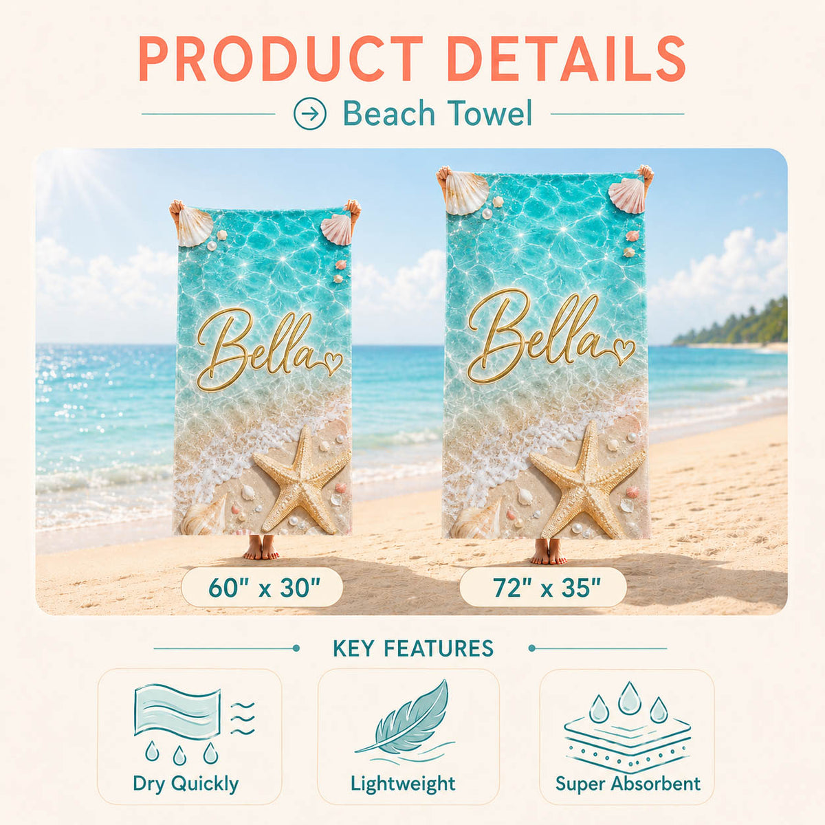 Sparkling Seashell Starfish Pool Day Gift for Girls - Personalized Beach Towel & Beach Bag Set