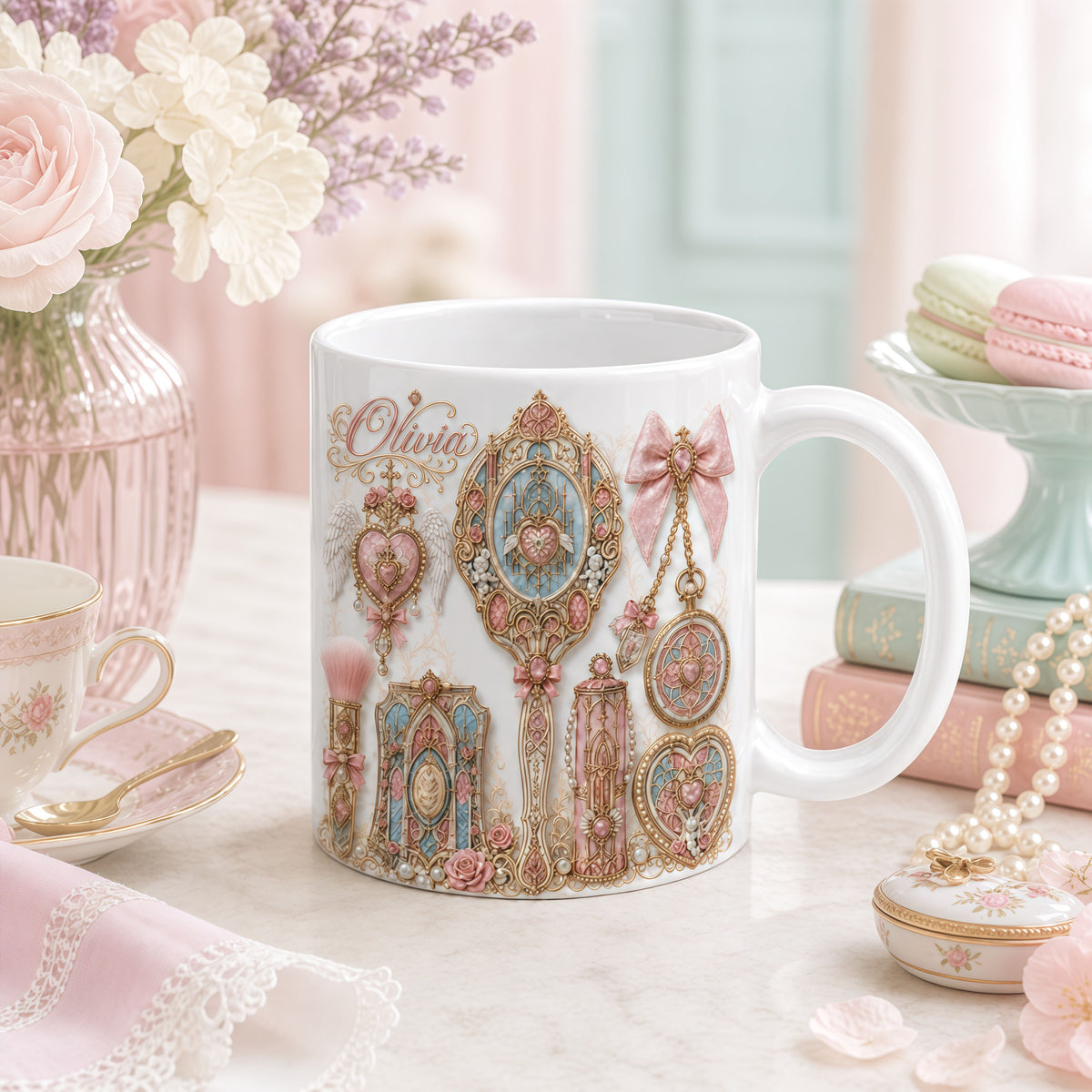 Custom Name Vintage Coffee Cup Gift for Her - Personalized Coquette Mug