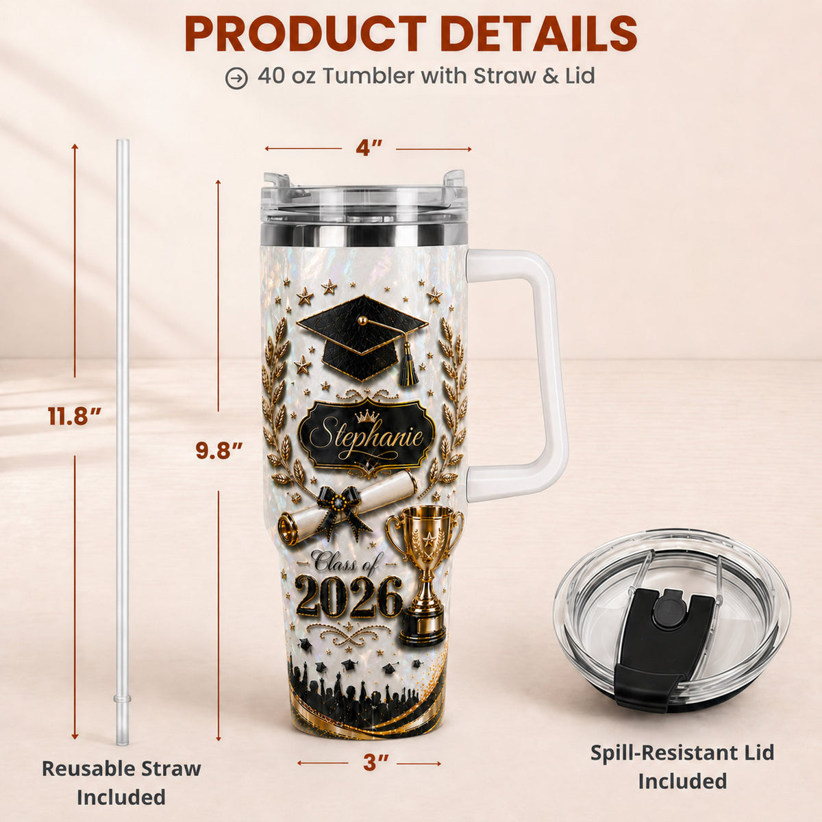 Custom Name Class of 2026 Gift - Personalized Graduation 40oz Tumbler