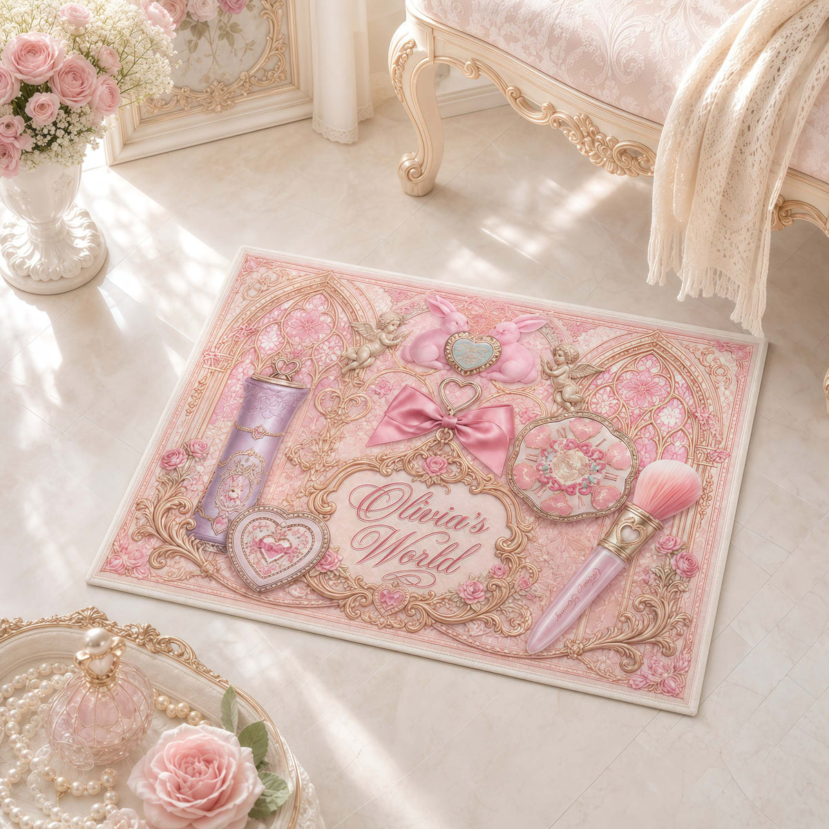 Personalized Coquette Rug - Custom Name Pink Vanity Doormat for Her