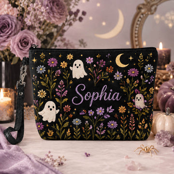 Cute Ghost Floral - Personalized Cosmetic Bag - Gift for Halloween Lover