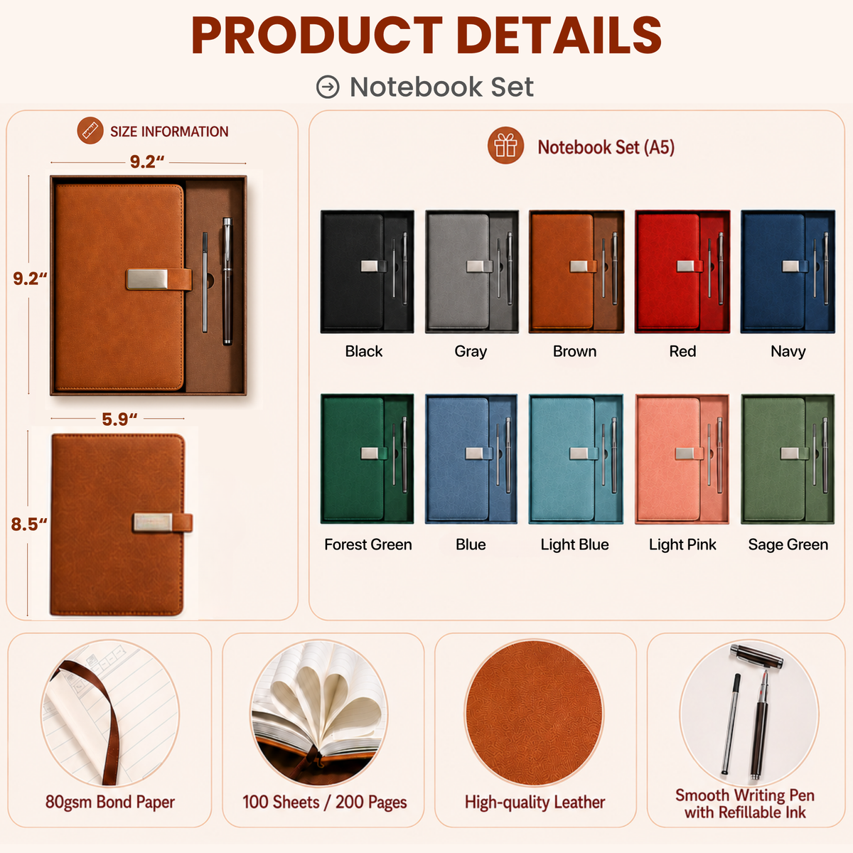 Personalized Leather Journal Gift Set - Custom Name & Flower Notebook with Pen