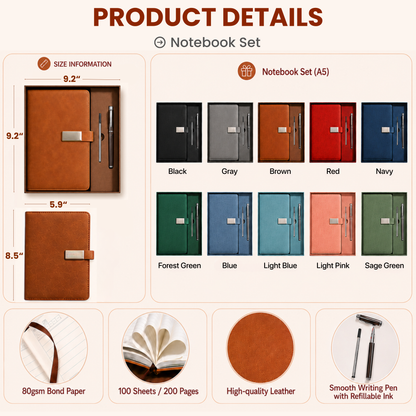 Personalized Leather Journal Gift Set - Custom Name & Flower Notebook with Pen