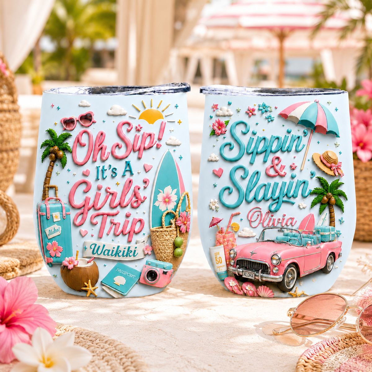 Personalized Girls Trip Wine Tumbler - Custom Name Beach Vacation Cup