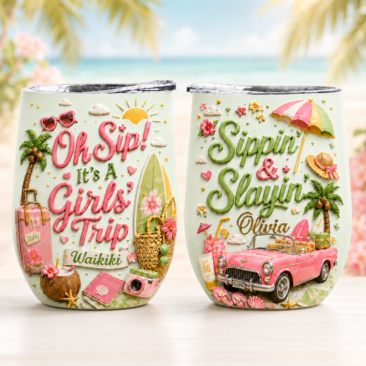 Personalized Girls Trip Wine Tumbler - Custom Name Beach Vacation Cup
