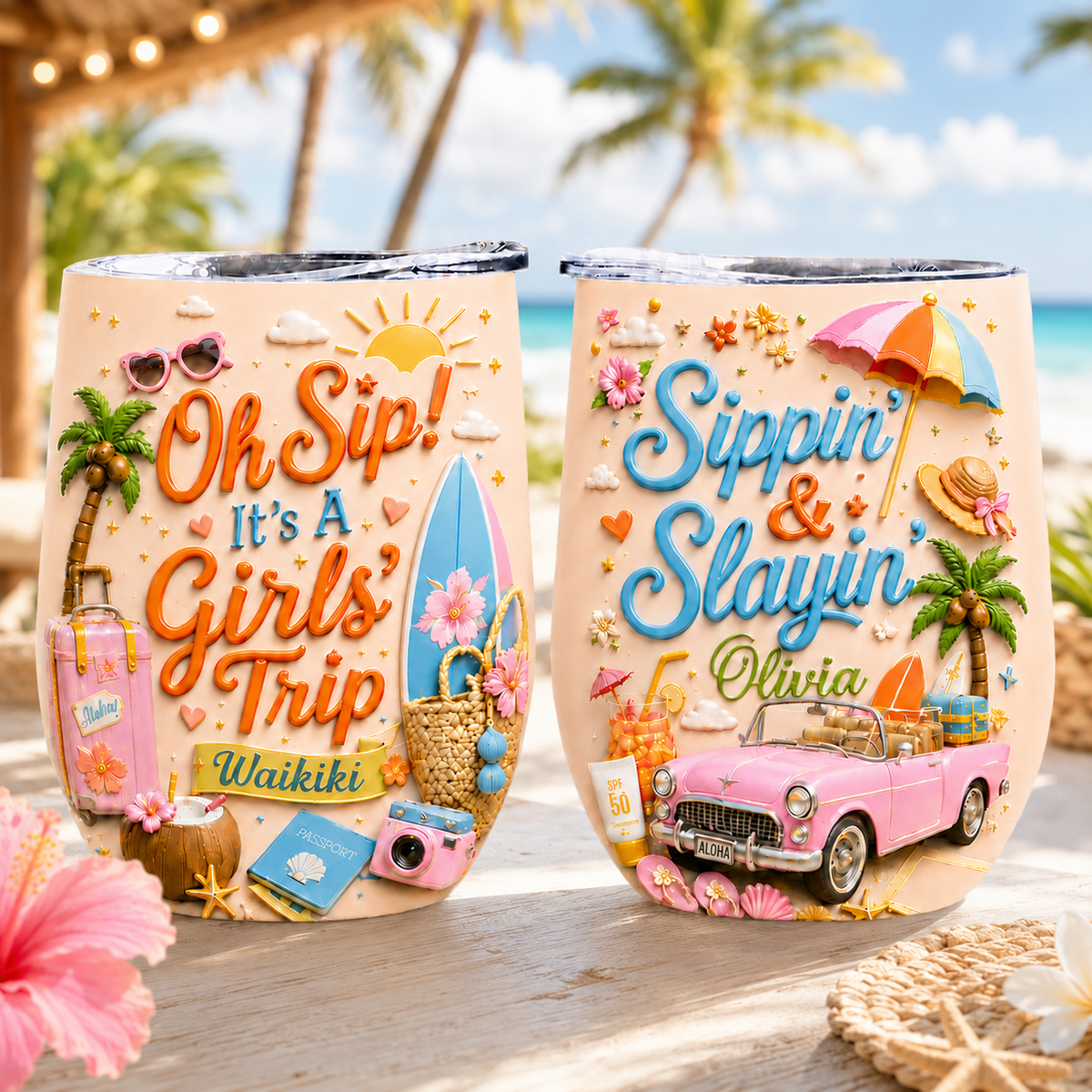 Personalized Girls Trip Wine Tumbler - Custom Name Beach Vacation Cup
