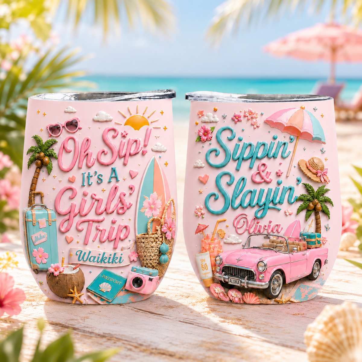 Personalized Girls Trip Wine Tumbler - Custom Name Beach Vacation Cup