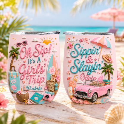 Personalized Girls Trip Wine Tumbler - Custom Name Beach Vacation Cup
