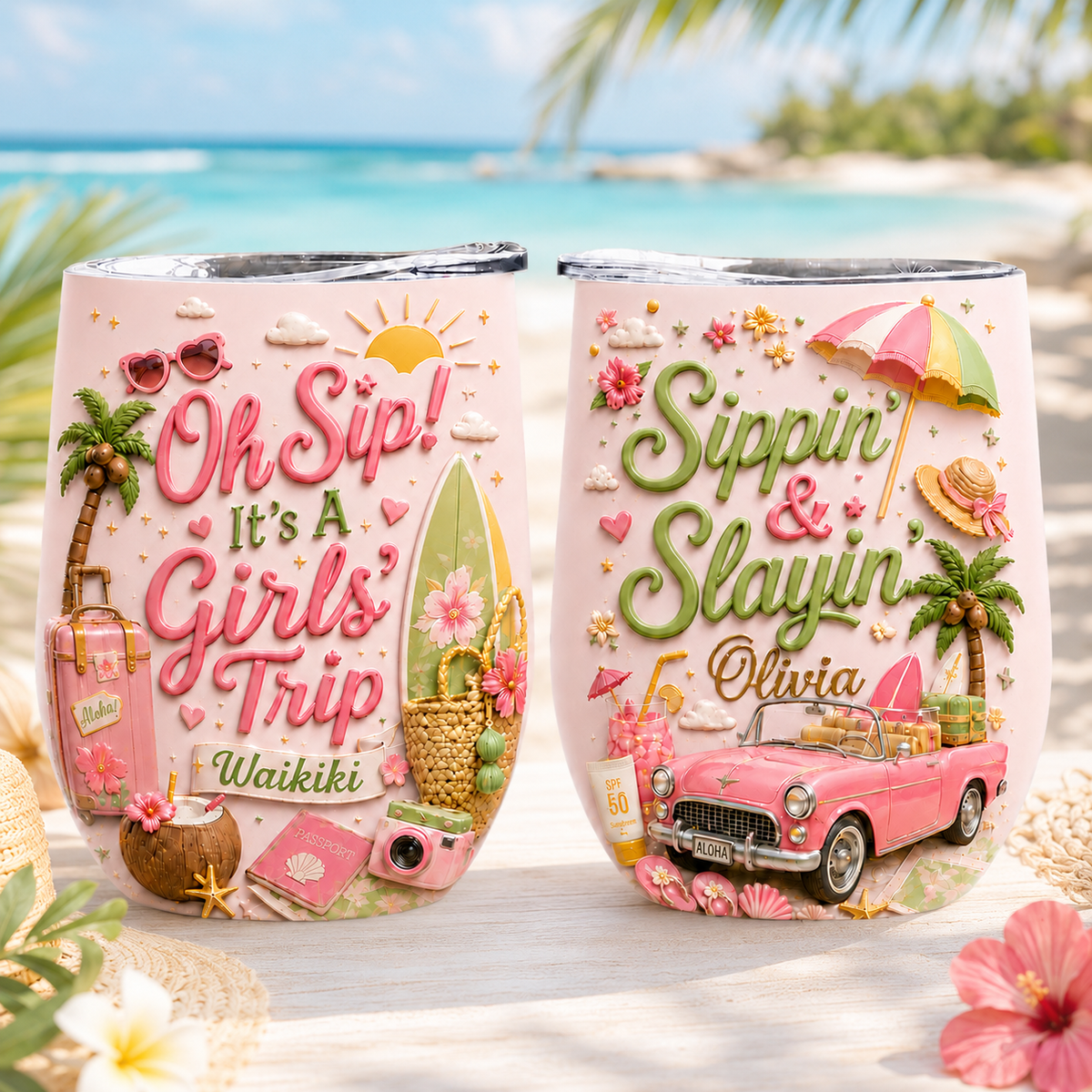 Personalized Girls Trip Wine Tumbler - Custom Name Beach Vacation Cup