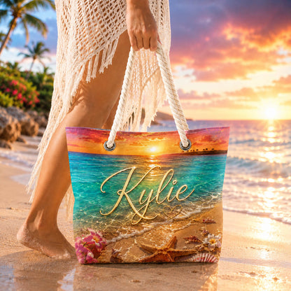 Sunset Ocean Starfish Tropical Vacation Gift for Her - Personalized Beach Towel & Beach Bag Set