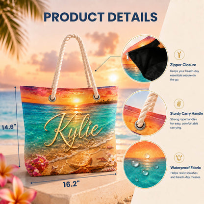 Sunset Ocean Starfish Tropical Vacation Gift for Her - Personalized Beach Towel & Beach Bag Set