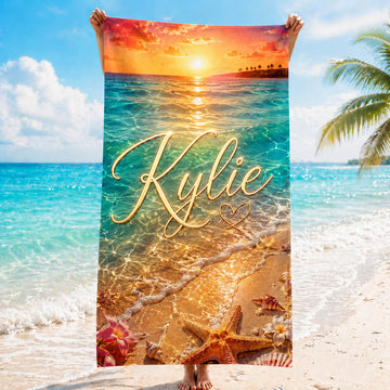 Sunset Ocean Starfish Tropical Vacation Gift for Her - Personalized Beach Towel & Beach Bag Set