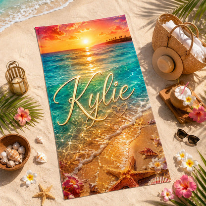 Sunset Ocean Starfish Tropical Vacation Gift for Her - Personalized Beach Towel & Beach Bag Set