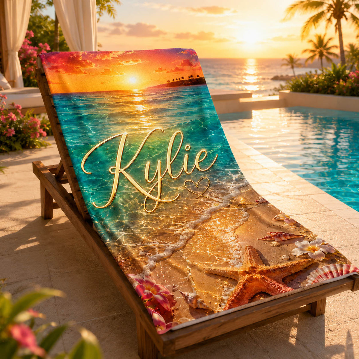 Sunset Ocean Starfish Tropical Vacation Gift for Her - Personalized Beach Towel & Beach Bag Set