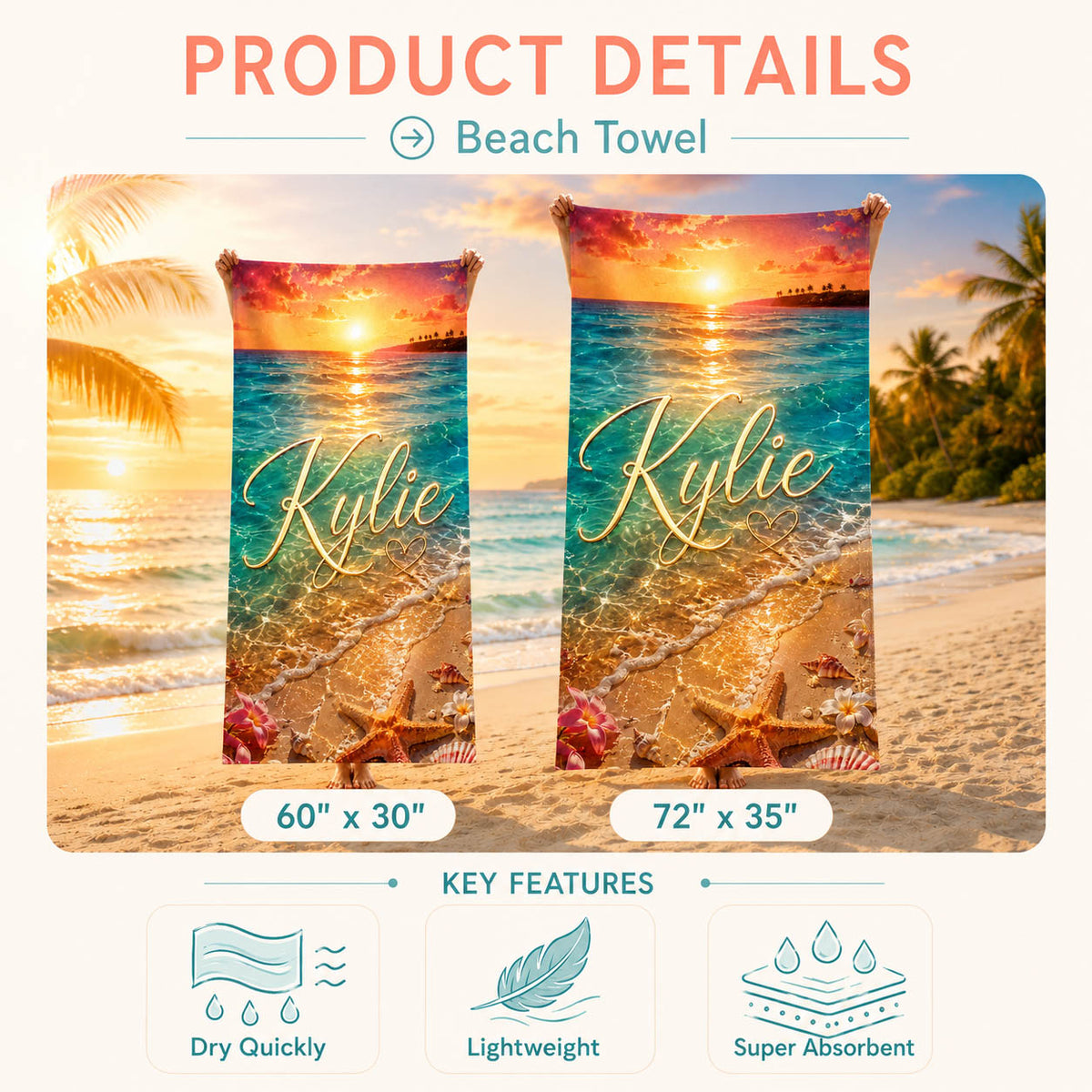 Sunset Ocean Starfish Tropical Vacation Gift for Her - Personalized Beach Towel & Beach Bag Set