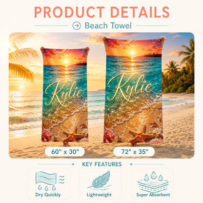 Sunset Ocean Starfish Tropical Vacation Gift for Her - Personalized Beach Towel & Beach Bag Set