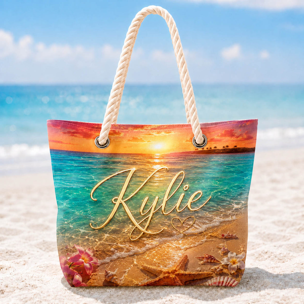 Sunset Ocean Starfish Tropical Vacation Gift for Her - Personalized Beach Towel & Beach Bag Set