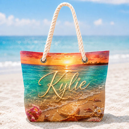Sunset Ocean Starfish Tropical Vacation Gift for Her - Personalized Beach Towel & Beach Bag Set