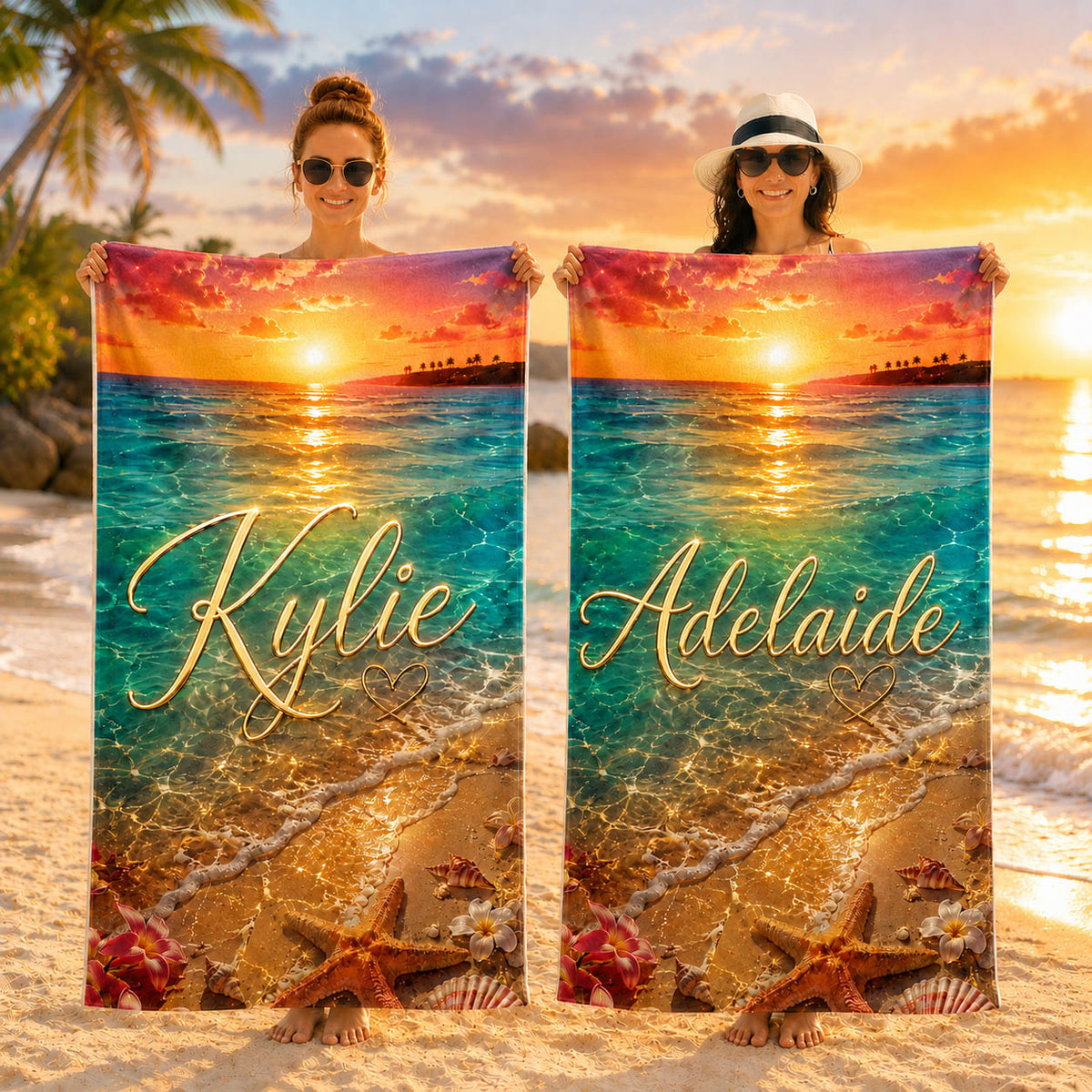 Sunset Ocean Starfish Tropical Vacation Gift for Her - Personalized Beach Towel & Beach Bag Set