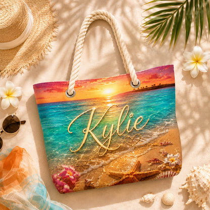 Sunset Ocean Starfish Tropical Vacation Gift for Her - Personalized Beach Towel & Beach Bag Set
