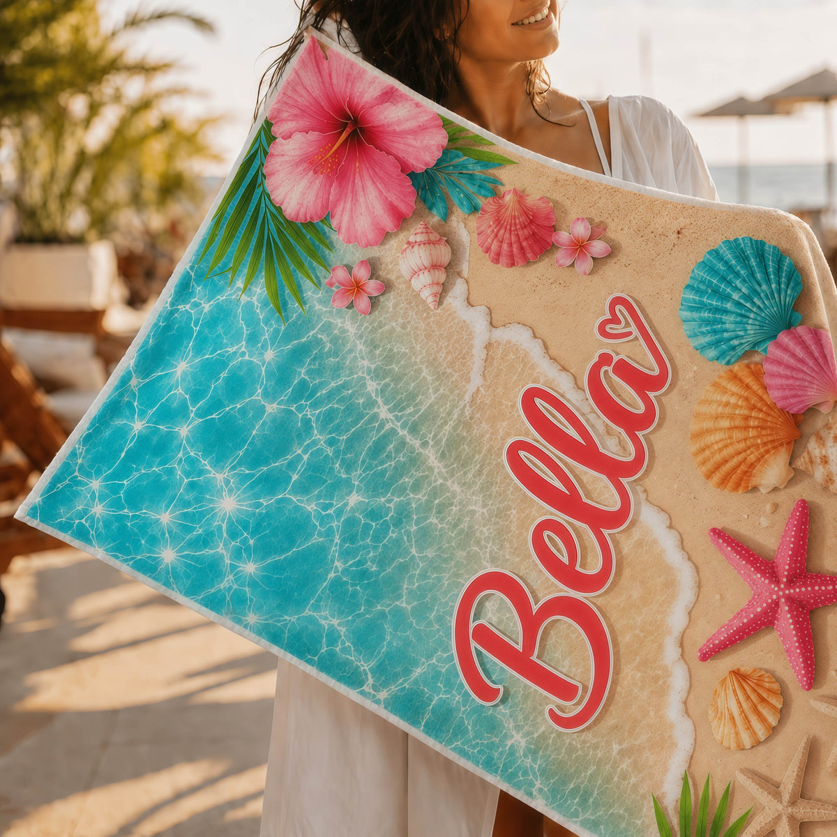 Tropical Seashell Hibiscus Beach Day Gift for Girls - Personalized Beach Towel & Beach Bag Set