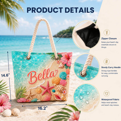 Tropical Seashell Hibiscus Beach Day Gift for Girls - Personalized Beach Towel & Beach Bag Set