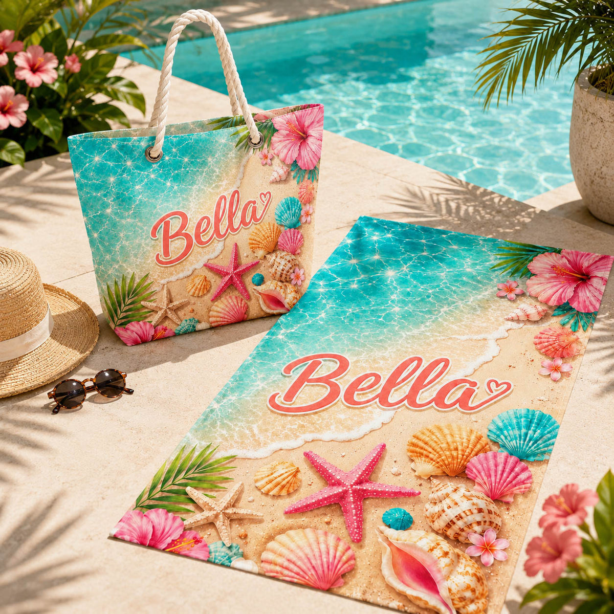Tropical Seashell Hibiscus Beach Day Gift for Girls - Personalized Beach Towel & Beach Bag Set
