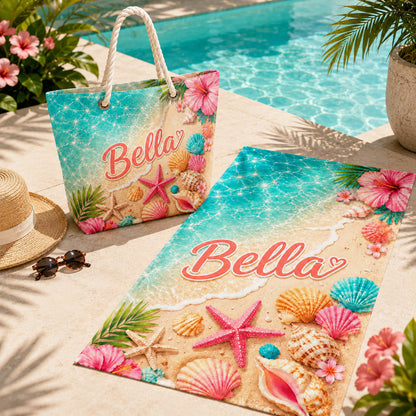 Tropical Seashell Hibiscus Beach Day Gift for Girls - Personalized Beach Towel & Beach Bag Set