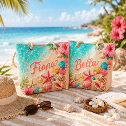 Tropical Seashell Hibiscus Beach Day Gift for Girls - Personalized Beach Towel & Beach Bag Set