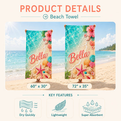 Tropical Seashell Hibiscus Beach Day Gift for Girls - Personalized Beach Towel & Beach Bag Set