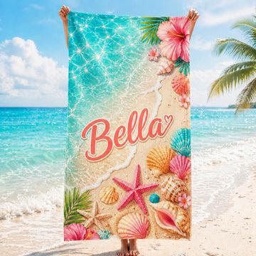 Tropical Seashell Hibiscus Beach Day Gift for Girls - Personalized Beach Towel & Beach Bag Set