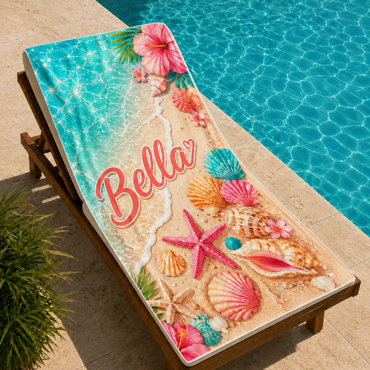 Tropical Seashell Hibiscus Beach Day Gift for Girls - Personalized Beach Towel & Beach Bag Set