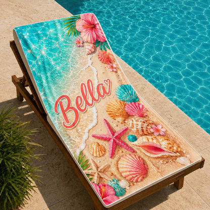 Tropical Seashell Hibiscus Beach Day Gift for Girls - Personalized Beach Towel & Beach Bag Set