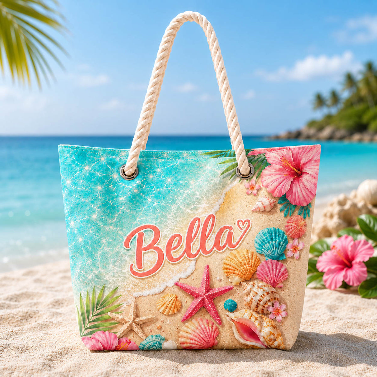 Tropical Seashell Hibiscus Beach Day Gift for Girls - Personalized Beach Towel & Beach Bag Set