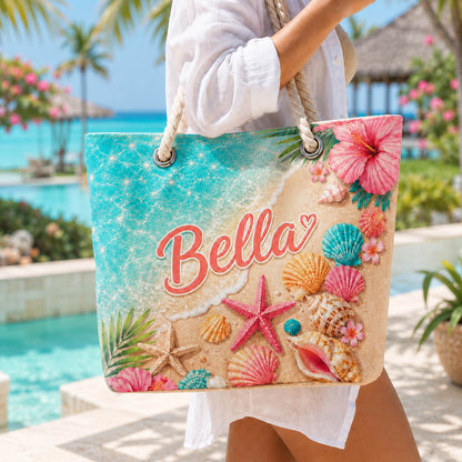 Tropical Seashell Hibiscus Beach Day Gift for Girls - Personalized Beach Towel & Beach Bag Set