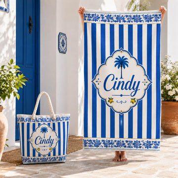 Blue Coastal Stripe Palm Tree Beach Gift - Personalized Beach Towel & Beach Bag Set