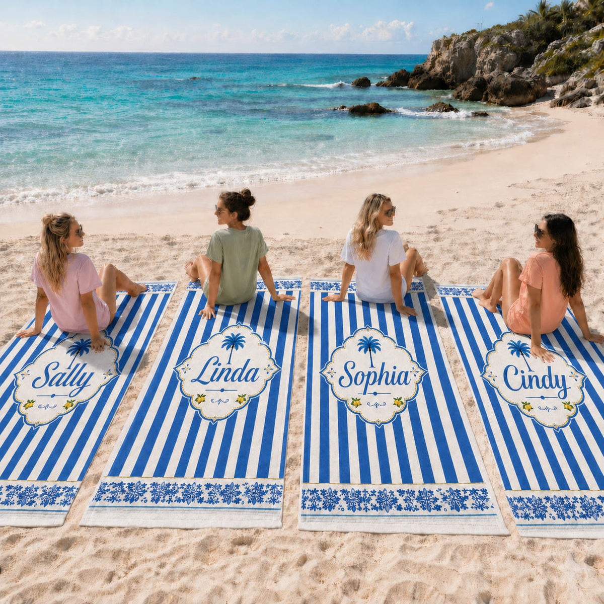 Blue Coastal Stripe Palm Tree Beach Gift - Personalized Beach Towel & Beach Bag Set