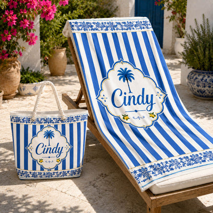 Blue Coastal Stripe Palm Tree Beach Gift - Personalized Beach Towel & Beach Bag Set