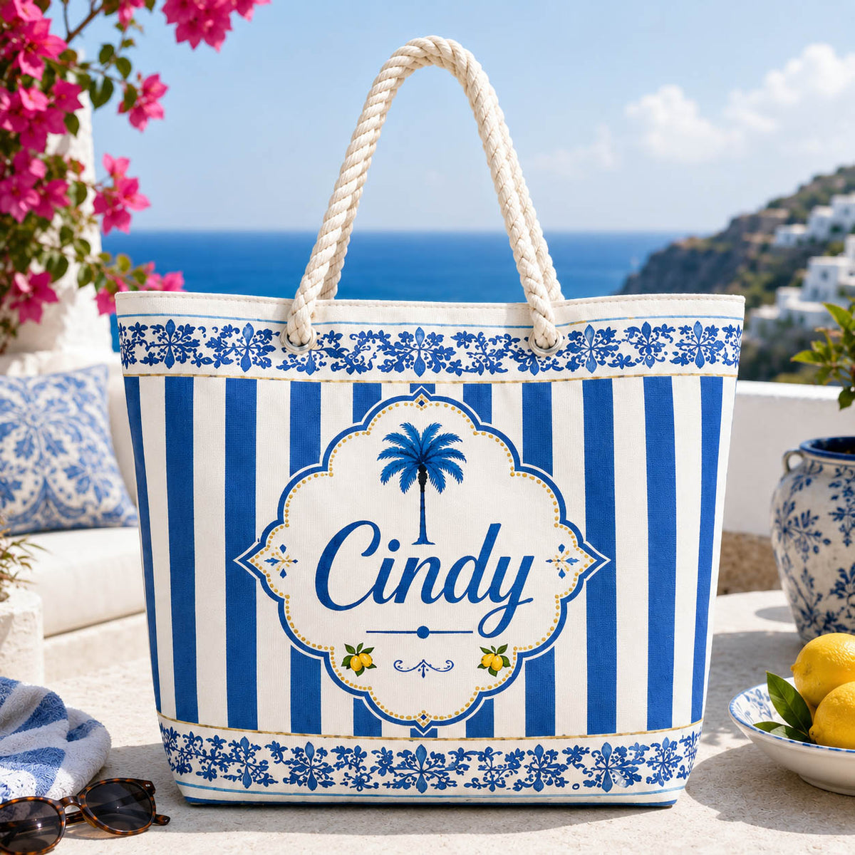 Blue Coastal Stripe Palm Tree Beach Gift - Personalized Beach Towel & Beach Bag Set