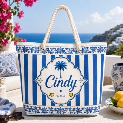Blue Coastal Stripe Palm Tree Beach Gift - Personalized Beach Towel & Beach Bag Set