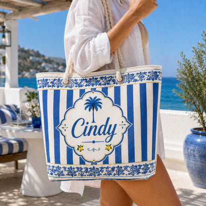 Blue Coastal Stripe Palm Tree Beach Gift - Personalized Beach Towel & Beach Bag Set