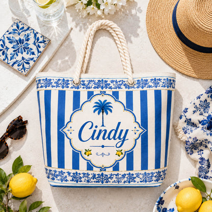 Blue Coastal Stripe Palm Tree Beach Gift - Personalized Beach Towel & Beach Bag Set
