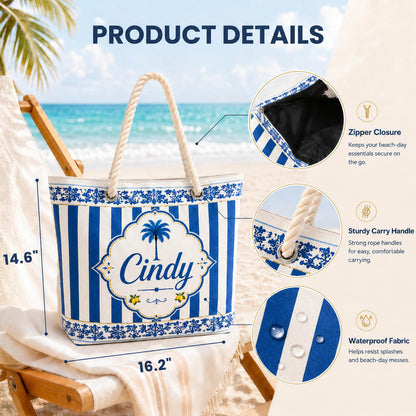 Blue Coastal Stripe Palm Tree Beach Gift - Personalized Beach Towel & Beach Bag Set