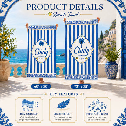 Blue Coastal Stripe Palm Tree Beach Gift - Personalized Beach Towel & Beach Bag Set