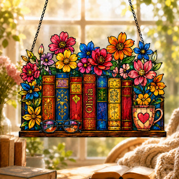 Floral Book Stack Colorful Reading Nook Decor - Personalized Window Hanging Suncatcher